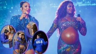 Iza ganha 'selinho', paparico no barrigão de 8 meses de gravidez e homenagem de Ivete Sangalo em show no Rock in Rio. Fotos