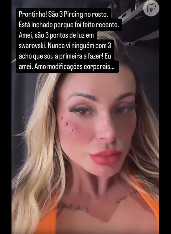 Andressa Urach mostrou novo rosto após implantar piercings no osso zigomático