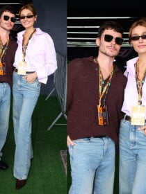 Reparou? Sasha Meneghel usa calça idêntica ao marido, João Lucas, e casal esbanja estilo em evento de F1