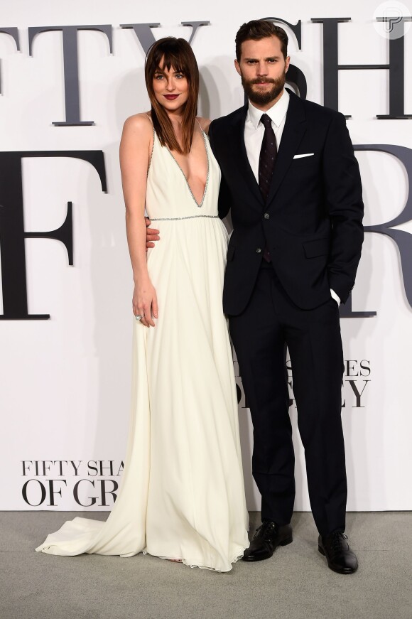 Dakota Johnson e Jamie Dornan divulgam o filme 'Cinquenta Tons de Cinza' em Londres, na Inglaterra, em 12 de fevereiro de 2015