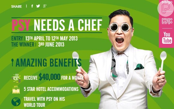 O cantor sul-coreano Psy está procurando um cozinheiro para acompanhá-lo em sua turnê, para isso ele está disposto a pagar R$ 80 mil pelo funcionário