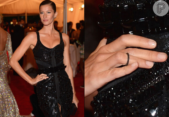 A top Gisele Bündchen escolheu um anel preto para combinar com o look