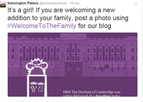 Palácio de Kensington anunciou o nascimento do bebê real, uma menina, filha de Kate Mmiddleton e o marido, príncipe William. Os dois são pais de George, de 1 ano