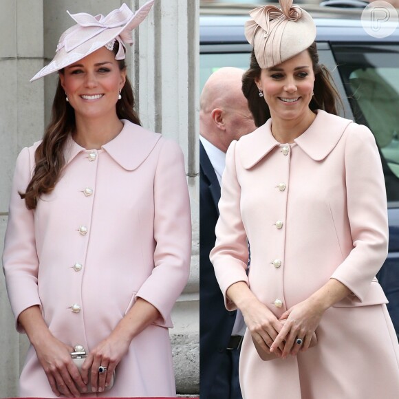 No dia 9 de março de 2015, Kate Middleton repetiu um look usado em junho de 2013. O sobretudo cor-de-rosa vestido por ela nas duas ocasiões é da grife Alexander McQueen