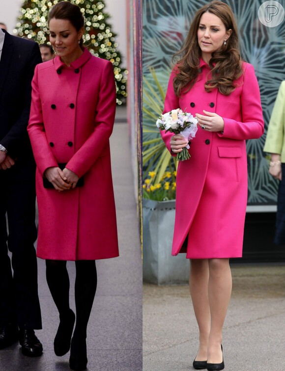 Kate Middleton adora esse sobretudo cor-de-rosa. A peça de tom forte foi usado por ela em março de 2015 em um evento oficial em Londres e antes em uma visita ao Museu Memorial 11 de Setembro, em Nova York, em dezembro de 2014. O look é da grife Mulberry e é vendida por R$ 7.120