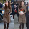 Kate Middleton repetiu completamente o look usado em 21 de fevereiro de 2012. Em 19 de novembro de 2013, ela usou um vestido marrom da marca Orla Kiely de R$ 900