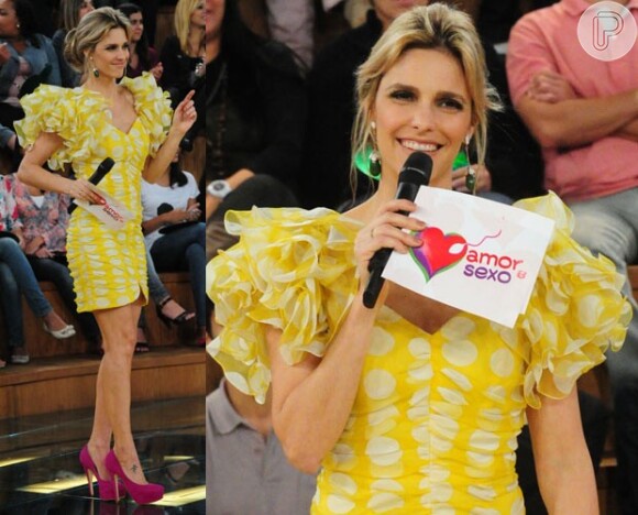 Fernanda Lima usa vestido colado amarelo com bolinhas brancas, no 'Amor & Sexo'. Além disso, o modelo conta com mangas de frufru e teve inspiração direta para o programa
