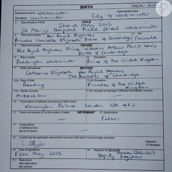 O Palácio de Kensington, de Londres, Inglaterra, divulgou a certidão de nascimento de Charlotte Elizabeth Diana