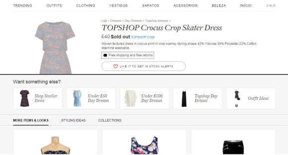 No site da marca britânica Topshop, o vestido de 40 libras (cerca de R$ 195) aparece esgotado
