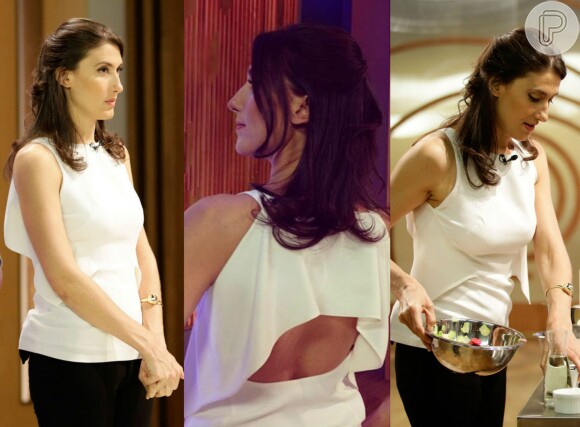 Nesse episódio, Paola usa top Tufi Duek, calça skinny Shoulder e bracelete Eleonora Hsuing
