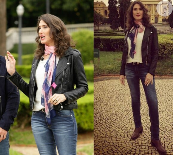 Paola em uma externa, em São Paulo, com jaqueta e jeans Ellus, blusa tricot Filli Dell'art, lenço Dudalina e botas Sarah Chofakian