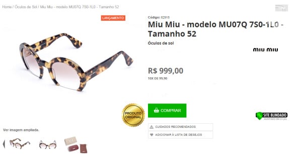 O modelo de óculos de sol usado pela atriz durante o passeio com as amigas está sendo vendido por cerca de R$ 1.000