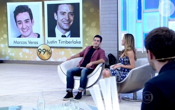 Marcos Veras também foi comparado a Justin Timberlake. 'Ou seja, a gente é muito parecido', disse Tiago Leifert se referindo ao ator