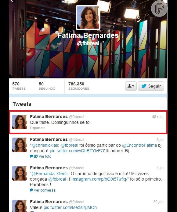 Fátima Bernardes comentou brevemente a morte de Dominguinhos através de sua conta no Twitter