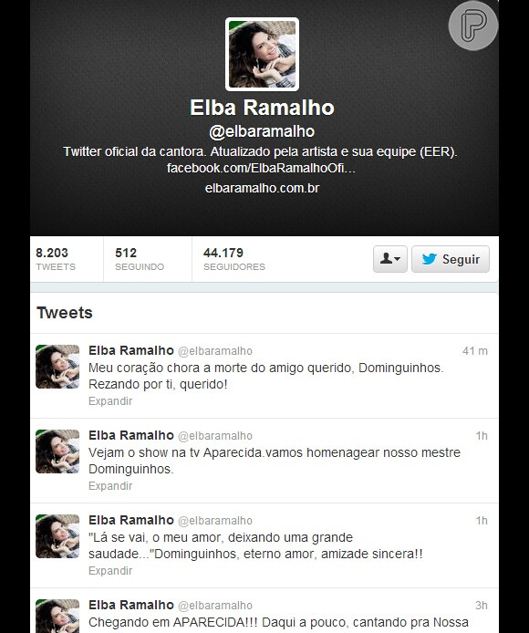 Elba Ramalho homenageia Dominguinhos durante sua apresentação em Aparecida, em São Paulo. No Twitter, ela escreveu antes do show: 'Lá se vai, o meu amor, deixando uma grande saudade'