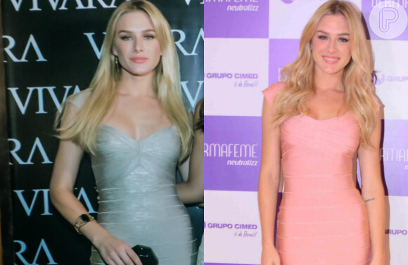 Fiorella Mattheis repetiu um mesmo modelo de vestido em dois dias seguidos. Um na cor prateada e outro na cor rosa, no último dia 28 de outubro de 2015