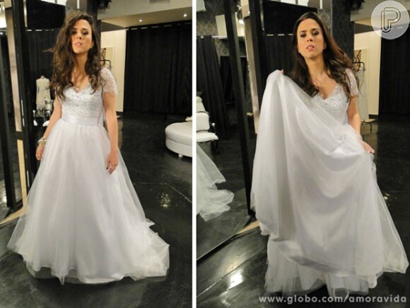 Valdirene (Tatá Werneck) compre seu vestido de noiva na boutique de Edith (Bárbara Paz), em 'Amor à Vida'