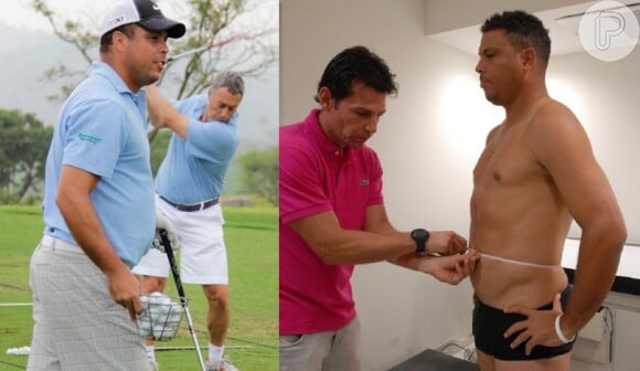 À esquerda na montagem de fotos, Ronaldo Fenômeno exibe barriga volumosa no último domingo (9) em torneio de golfe; à direita, o ex-jogador aparece com a silhueta bem mais magra nesta quinta-feira, 13 de dezembro de 2012