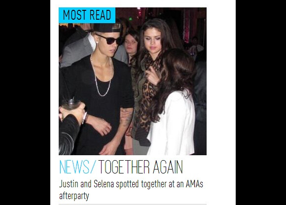Justin e Bieber e Selena Gomez são flagrados juntos na festa que aconteceu após a premiação American Music Awards, depois que a imprensa noticiou que estavam separados, em 18 de novembro de 2012