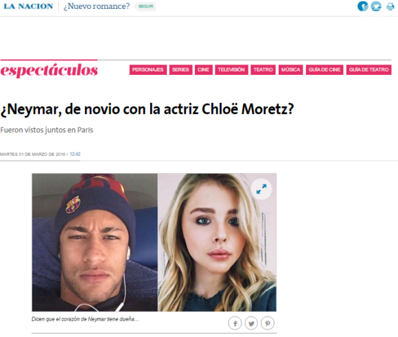 O jornal 'La Nacion' questionou se era namoro entre Neymar e Chloë