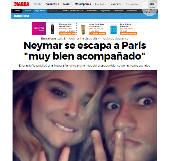 Um dos principais jornais sobre futebol disse que Neymar viajou muito bem acompanhado