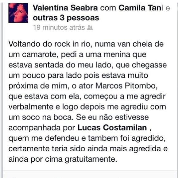 Valentina Seabra divulga a agressão que sofreu de Marcos Pitombo em sua página do Facebook