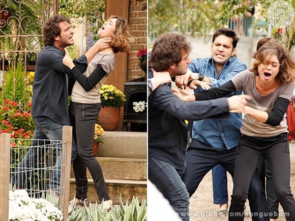 Provocado, Fabinho (Humberto Carrão) tenta esganar Amora (Sophie Charlotte), em cena de 'Sangue Bom'