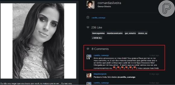 Camilla Camargo troca declarações de amor com o ator Osmar Silveira