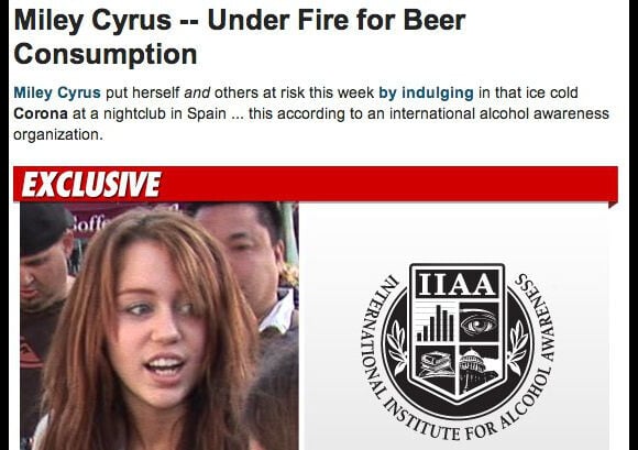 Novembro de 2010 - Miley é pega bebendo cerveja aos 17 anos de idade na Espanha