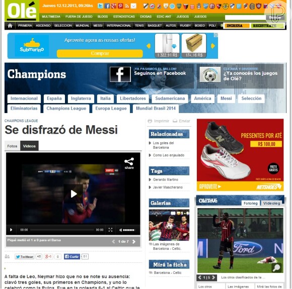 O jornal 'Ole' ironizou a performance de Neymar: 'Se disfarçou de Messi'