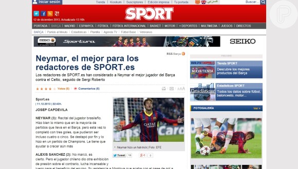 Jornal 'Sport' elege Neymar o melhor da partida contra o Celtic