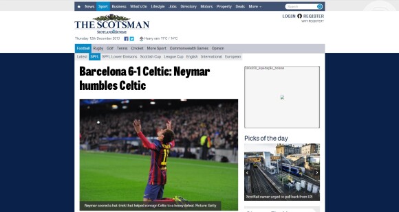 O inglês 'The Scostman' escreveu: 'Neymar humilha Celtic'