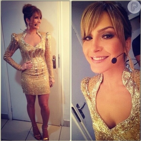Claudia Leitte escolheu um vestido dourado da Nosf para a final da segunda temporada do reality, em 26 de dezembro de 2013
