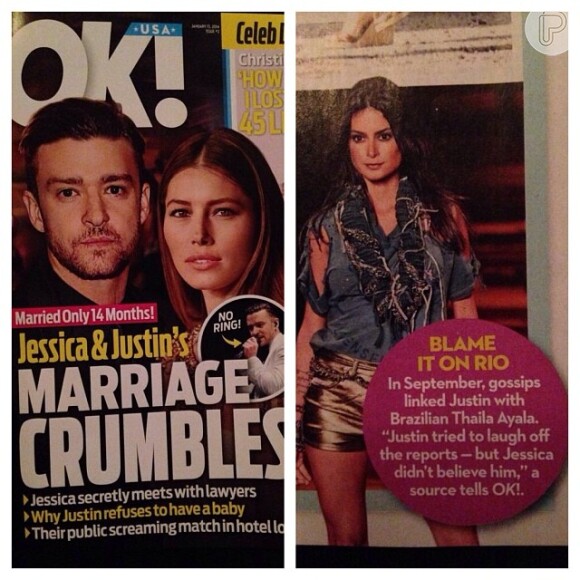 Thaila Ayala aparece nas páginas da revista norte-americana 'OK! Magazine' como pivô da crise do casamento de Justin Timberlake e Jessica Biel