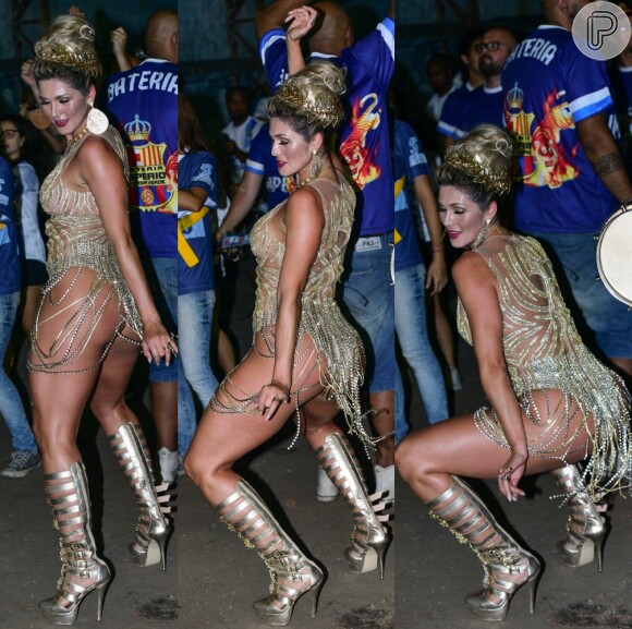 Madrinha de bateria da Império da Casa Verde, Lívia Andrade caiu no samba e desceu até o chão no último ensaio da escola para o Carnaval 2017

