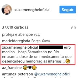 No Instagram, Xuxa culpou o Hospital Samaritano pelo estado de saúde do pai, Luiz Floriano Meneghel