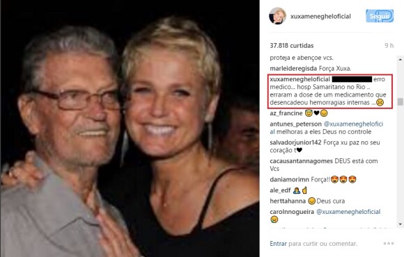 No Instagram, Xuxa culpou o Hospital Samaritano pelo estado de saúde do pai, Luiz Floriano Meneghel