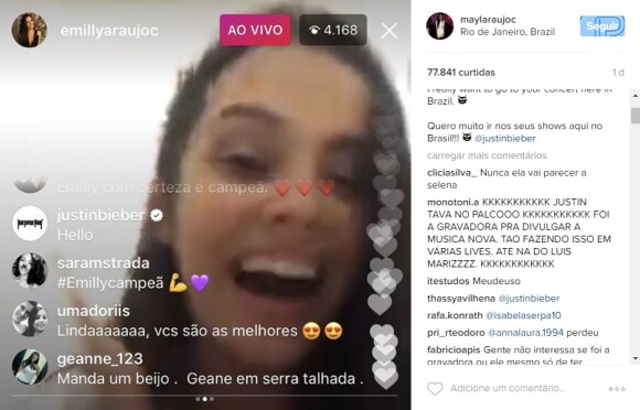 Fãs de Justin Bieber afirmam que comentário feito em live de ex-BBB Mayla Araújo não é de autoria do cantor