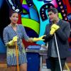 Camila Pitanga usa luva e vassoura no 'Video Show' desta quinta-feira, 6 de março de 2014