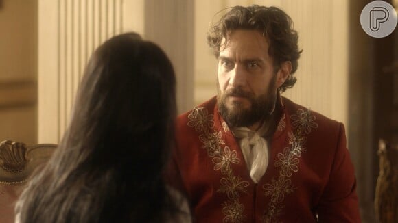 Thomas (Gabriel Braga Nunes) diz a Anna (Isabelle Drummond) que Joaquim (Chay Suede) fez intrigas contra ele, na novela 'Novo Mundo'