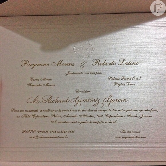 Convite de casamento de Rayanne e Latino para o pastor Richard Gimenez