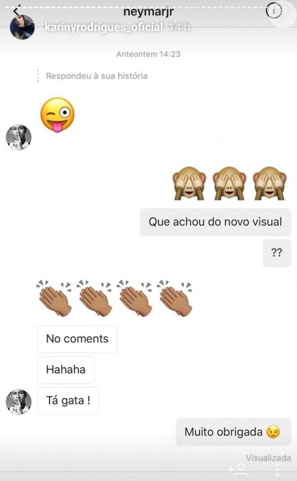 Kariny Rodrigues fez print da conversa com Neymar e publicou em seu Stories, do Instagram