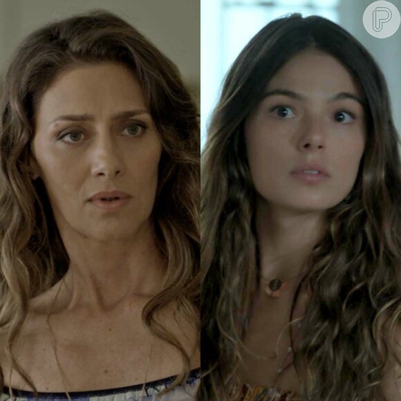 Ritinha (Isis Valverde) fica tensa e mente quando Joyce (Maria Fernanda Cândido) pergunta sobre a marca de nascença na perna do filho dela, na novela 'A Força do Querer'