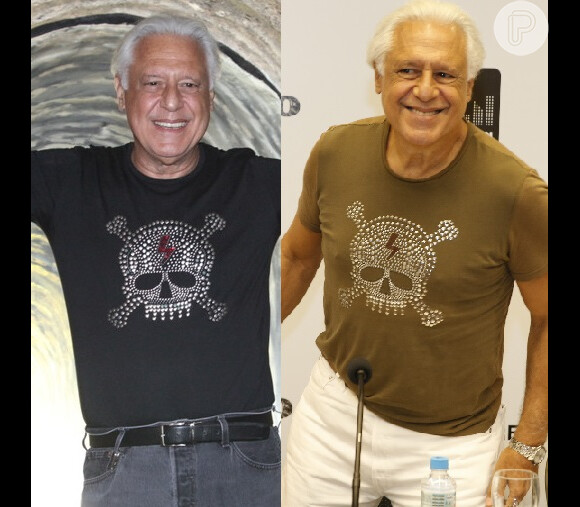 Aos 64 anos, Antonio Fagundes perde 12 kg com dieta da proteína e chega a repetir blusa de caveira, mas com cores diferentes