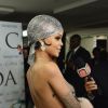 Rihanna usou uma estola de pele por cima do vestido transparente