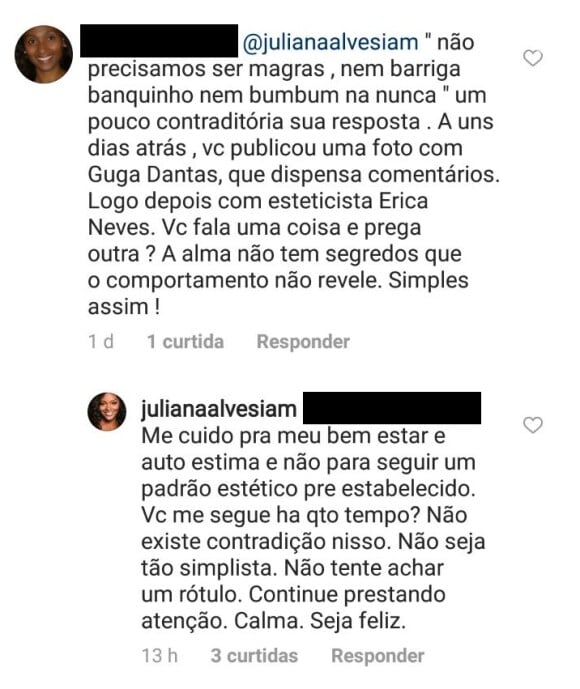 Juliana Alves rebateu a crítica de um internauta no Instagram