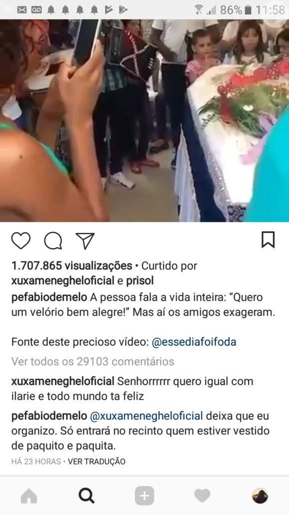 Xuxa fez pedido ao comentar vídeo de velório animado com música e dança compartilhado pelo Padre Fábio de Melo: 'Quero igual'