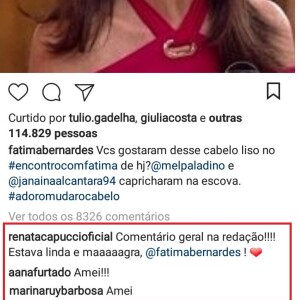 Fátima Bernardes ganha elogio de Marina Ruy Barbosa por cabelo escovado: 'Amei'