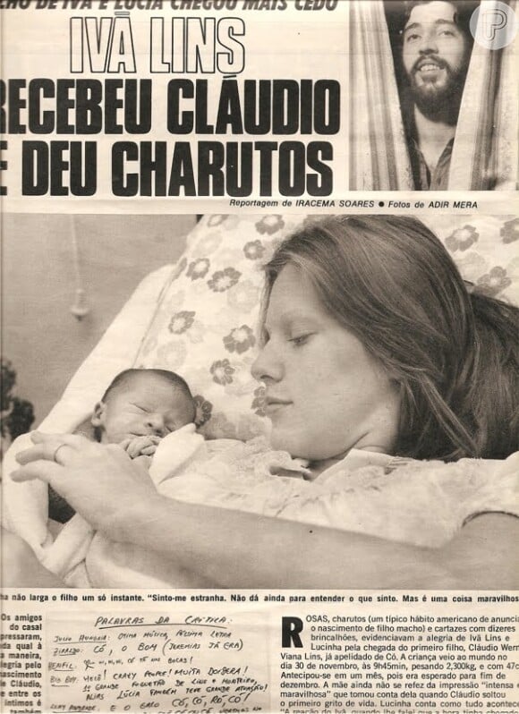 Lucinha Lins com o filho, Cláudio, recém-nascido nos braços