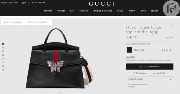 A bolsa de couro Gucci recebida por Simone de seu marido, Kaká Diniz, pode ser comprada por cerca de R$ 13.698 no site oficial da grife. O acessório tem um borboleta de metal cravejada de cristais